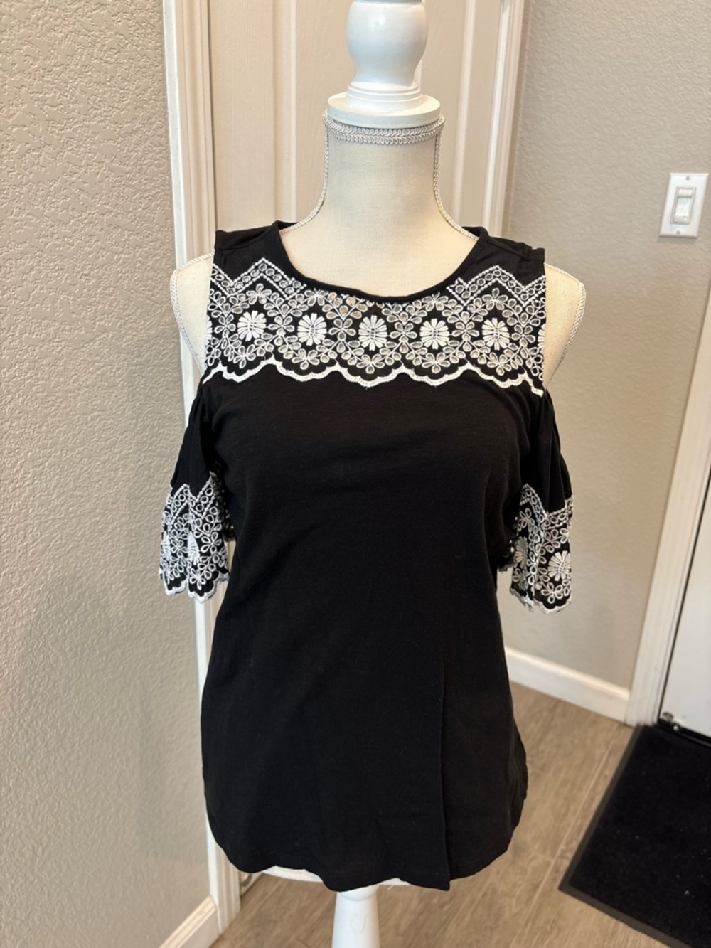 LOFT Black Cold-Shoulder Top with White Lace Yoke